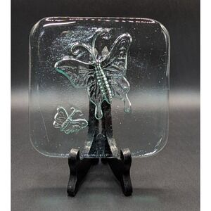 Jeannette Art Glass Etched Butterfly Tile Clear With a Light Green Hue 5.5 X 5.5